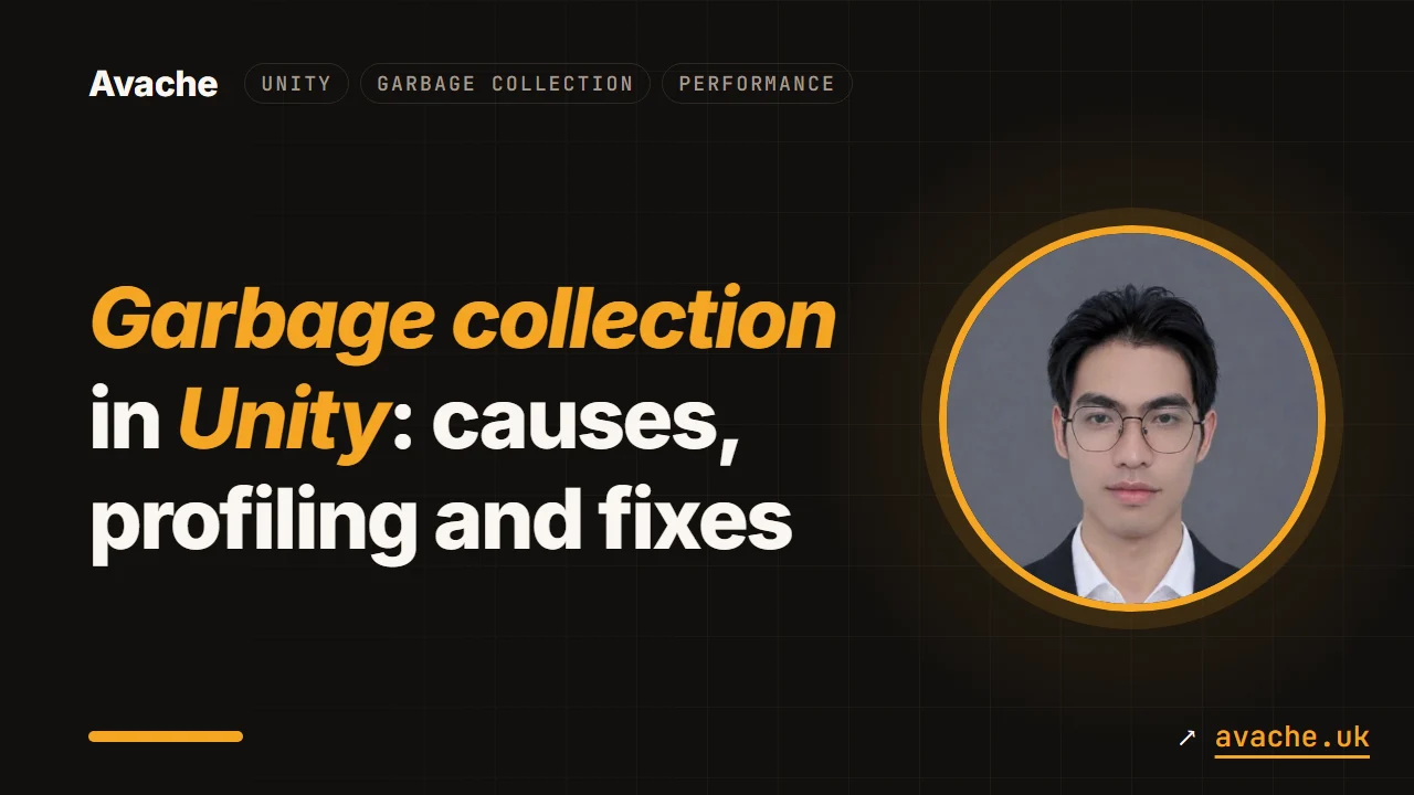 Cover with the title "Garbage collection in Unity: causes, profiling and fixes" next to a portrait of the author, Vũ Thanh Nam