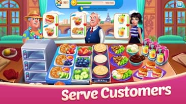 Cooking Truck gameplay: a chef and customers at a counter full of dishes, with the caption "Serve Customers"